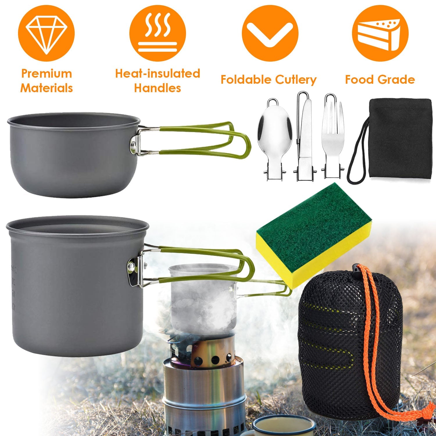8-Piece Camping Cookware Set | Aluminum Pot, Lid & Utensils