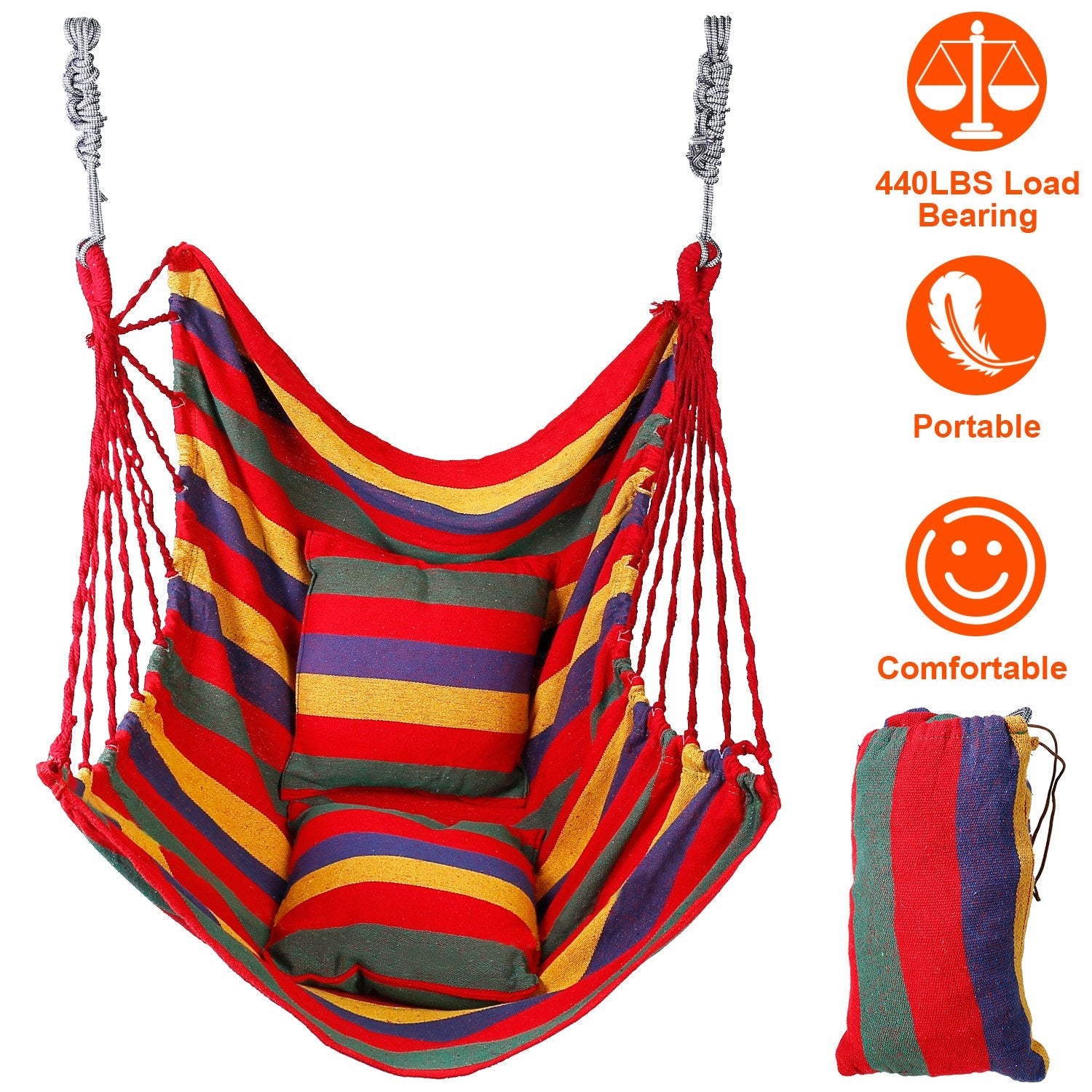 440 LBS Hammock Hanging Chair | Canvas Swing Seat with 2 Pillows