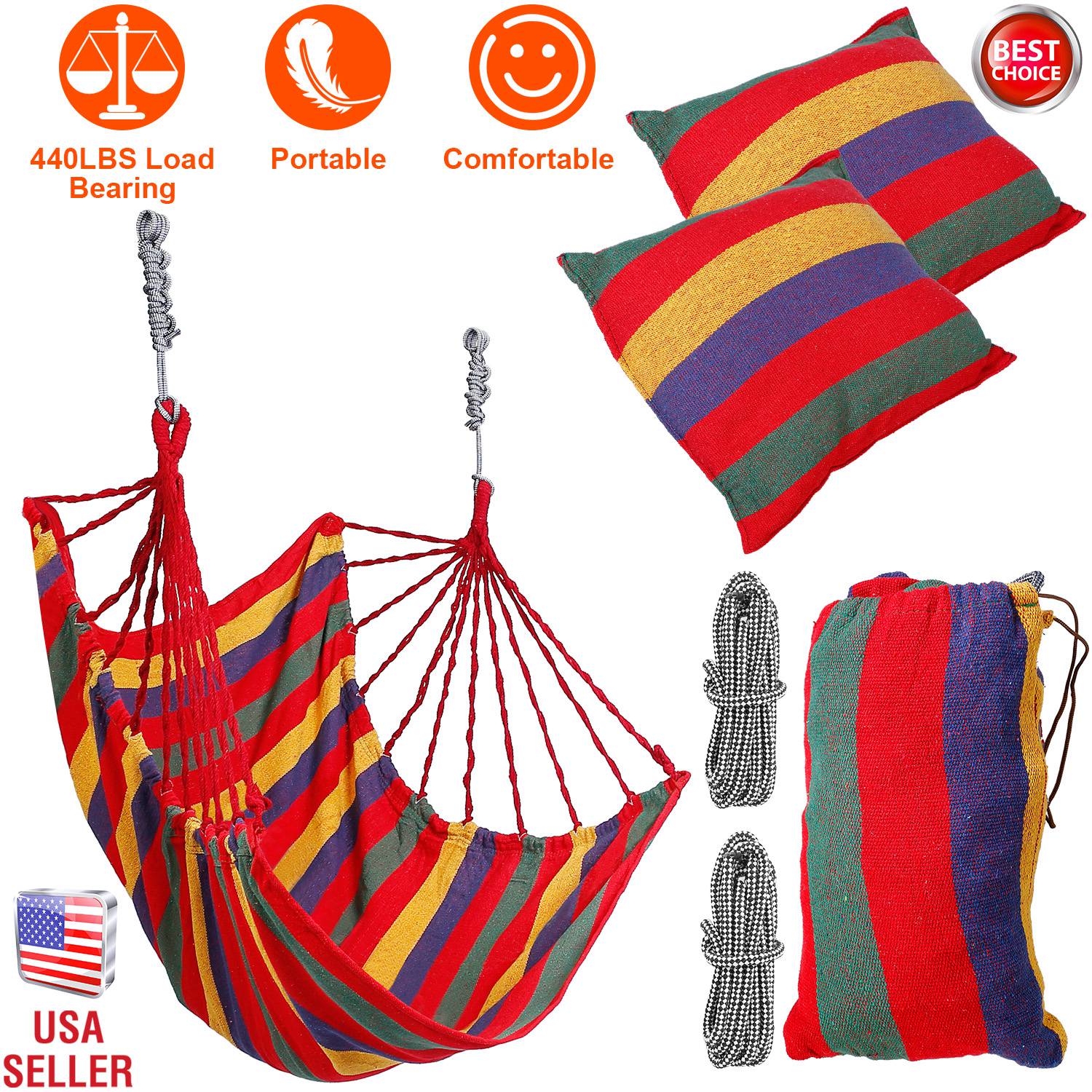 440 LBS Hammock Hanging Chair | Canvas Swing Seat with 2 Pillows