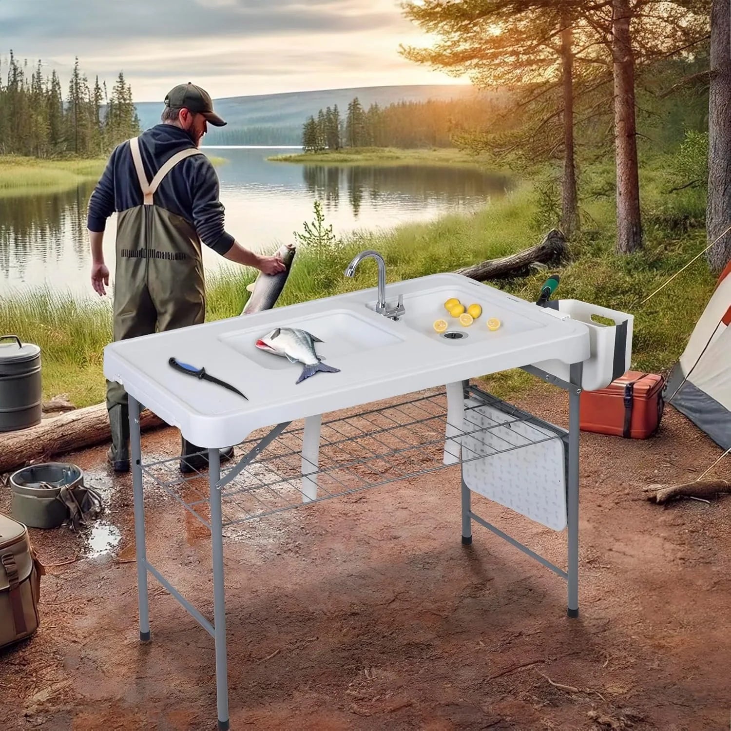 Fish Cleaning Table with Sink | 42.4" Portable Folding Station with Grid Rack