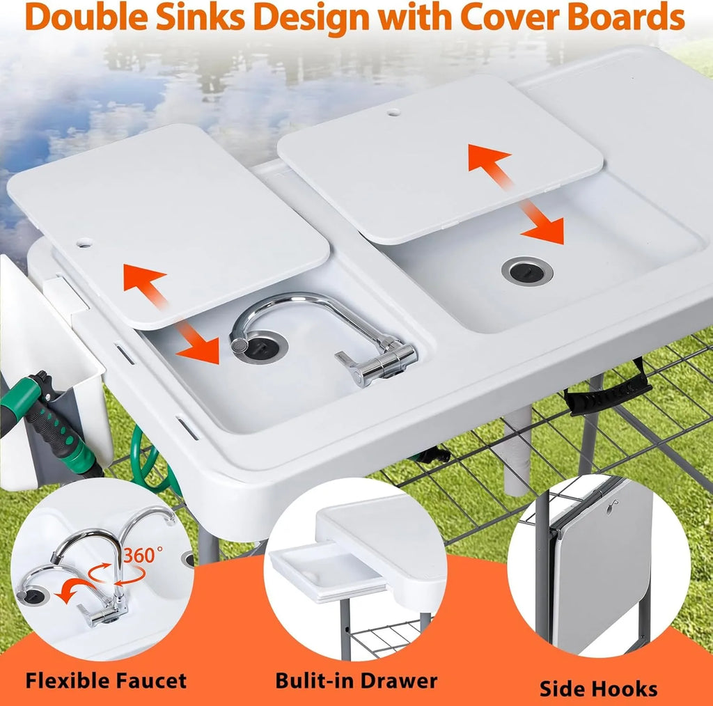 Fish Cleaning Table with Sink | 42.4" Portable Folding Station with Grid Rack