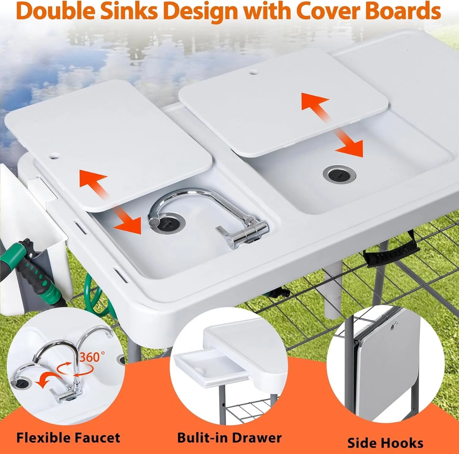 Fish Cleaning Table with Sink | 42.4" Portable Folding Station with Grid Rack