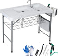 Fish Cleaning Table with Sink | 42.4" Portable Folding Station with Grid Rack
