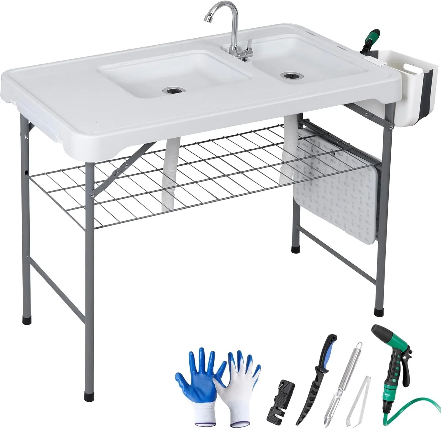 Fish Cleaning Table with Sink | 42.4" Portable Folding Station with Grid Rack