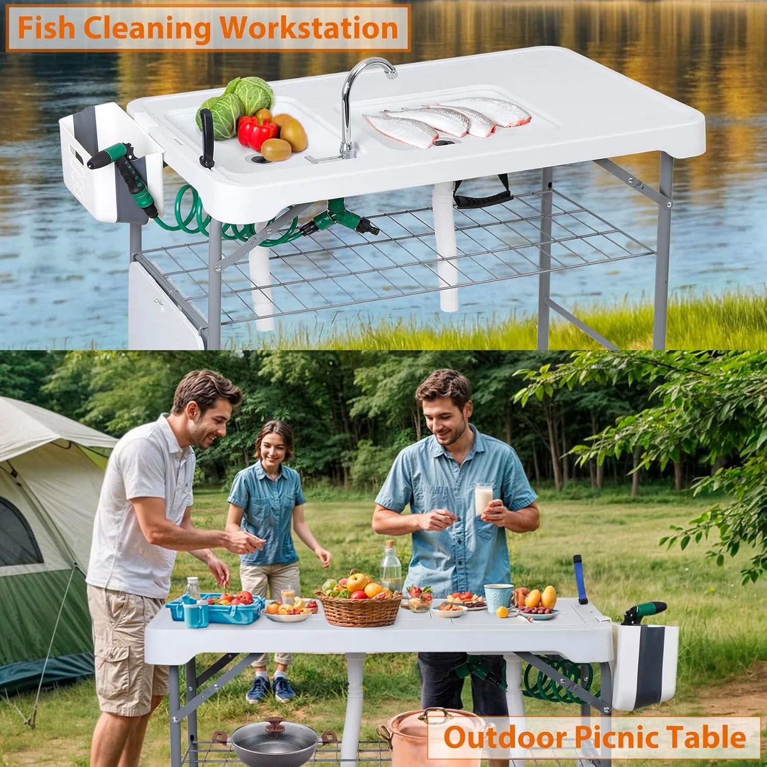 Fish Cleaning Table with Sink | 42.4" Portable Folding Station with Grid Rack