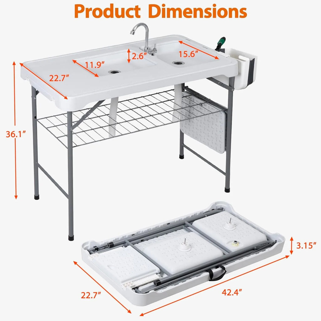 Fish Cleaning Table with Sink | 42.4" Portable Folding Station with Grid Rack