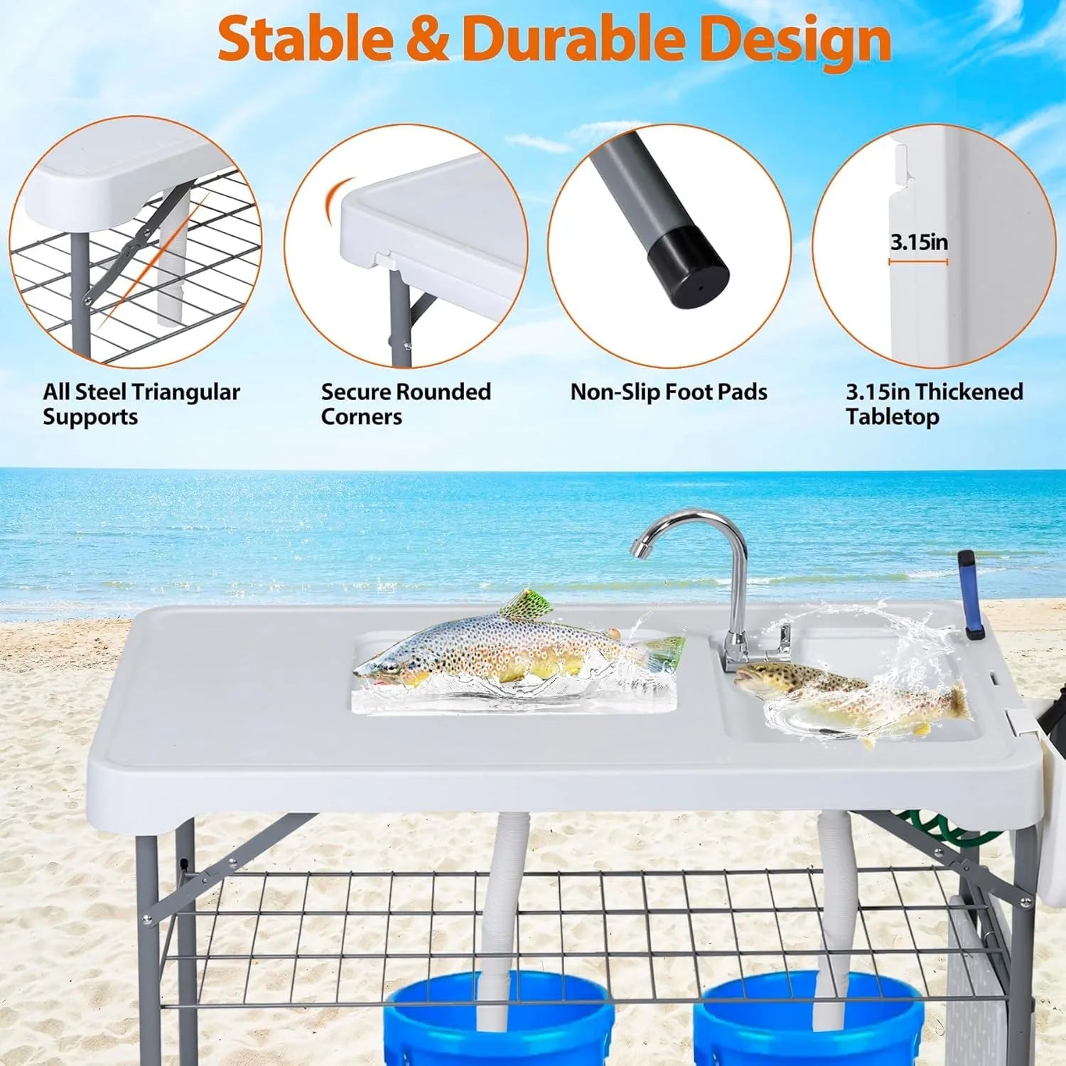 Fish Cleaning Table with Sink | 42.4" Portable Folding Station with Grid Rack