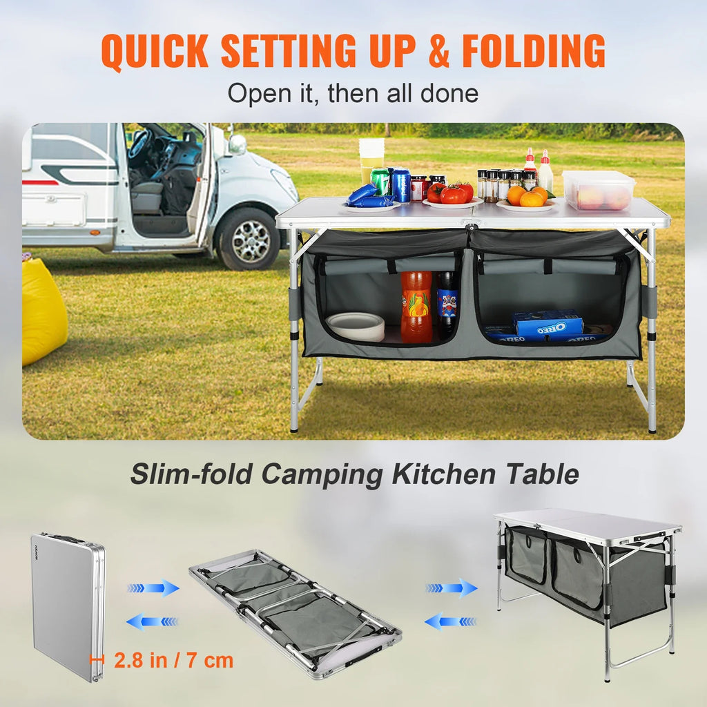 Folding Camping Kitchen Table | 3 Height Settings & Storage Compartments