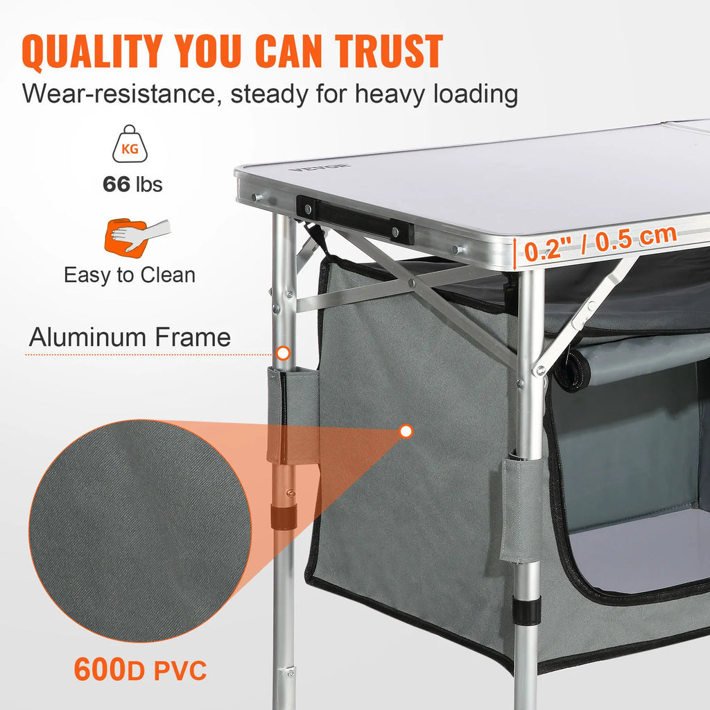 Folding Camping Kitchen Table | 3 Height Settings & Storage Compartments
