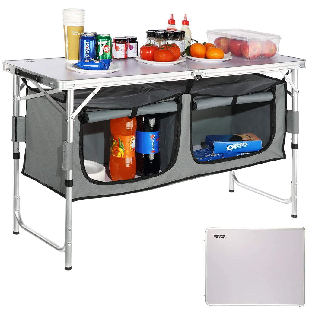 Folding Camping Kitchen Table | 3 Height Settings & Storage Compartments
