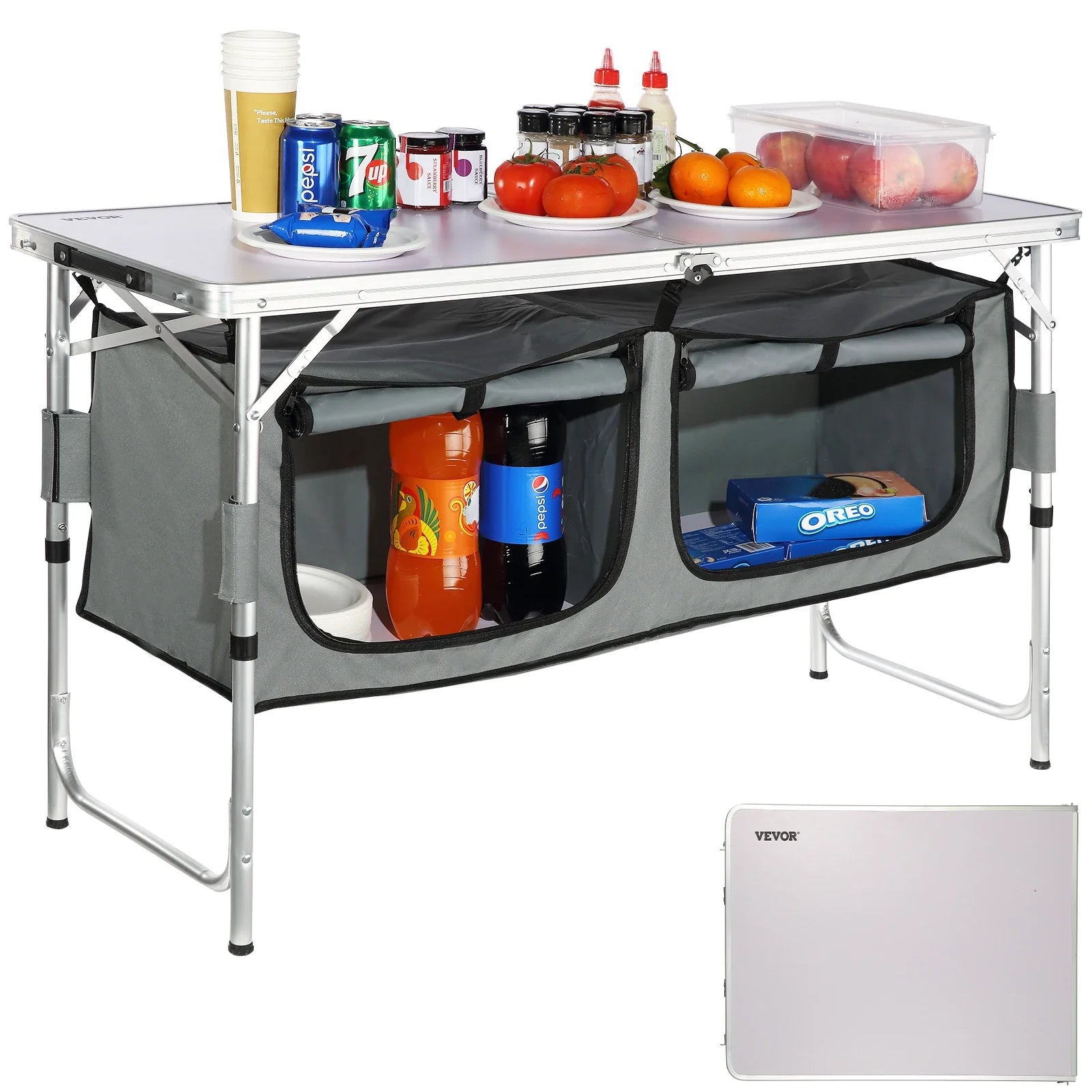 Folding Camping Kitchen Table | 3 Height Settings & Storage Compartments