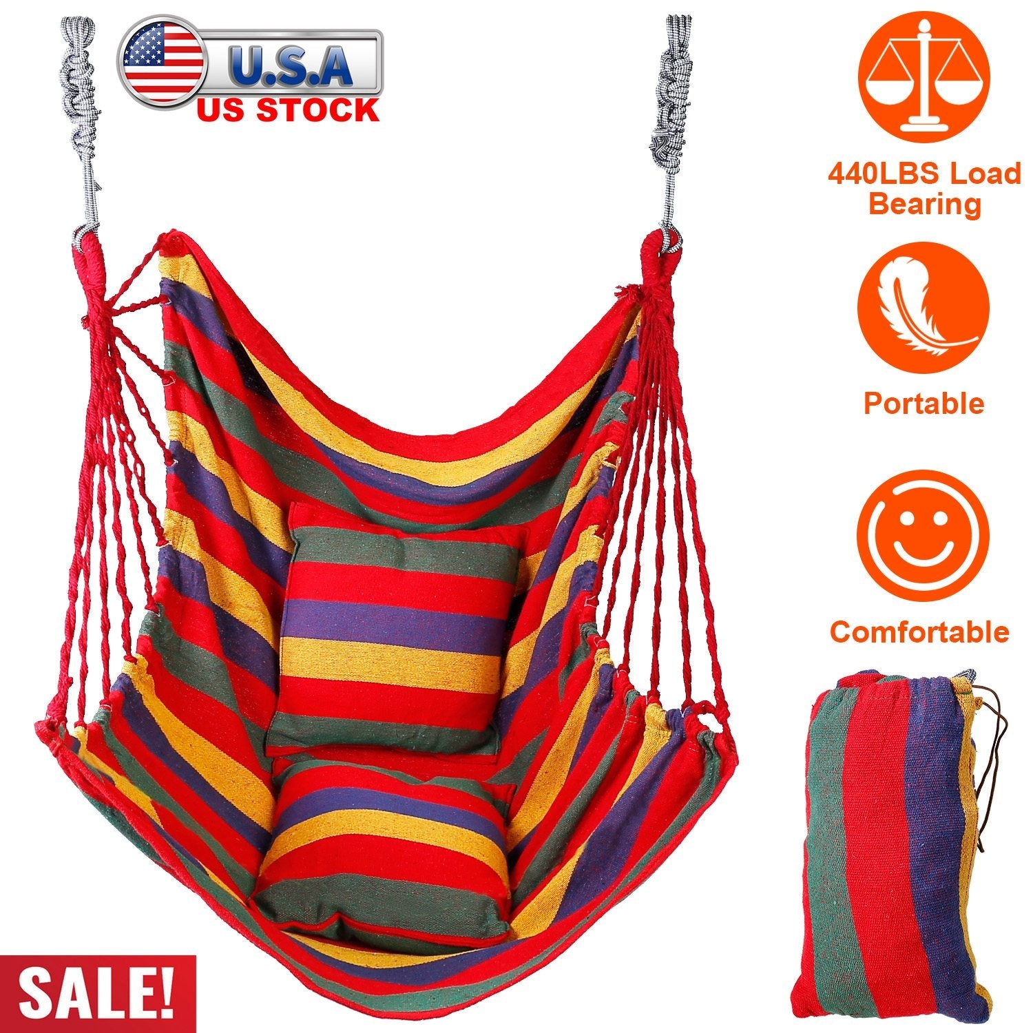 440 LBS Hammock Hanging Chair | Canvas Swing Seat with 2 Pillows