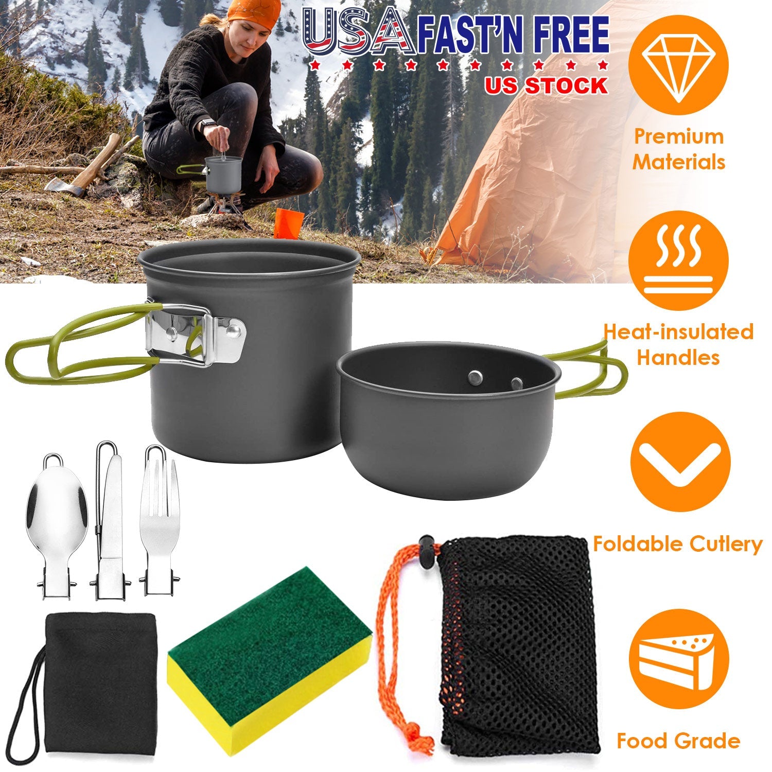 8-Piece Camping Cookware Set | Aluminum Pot, Lid & Utensils