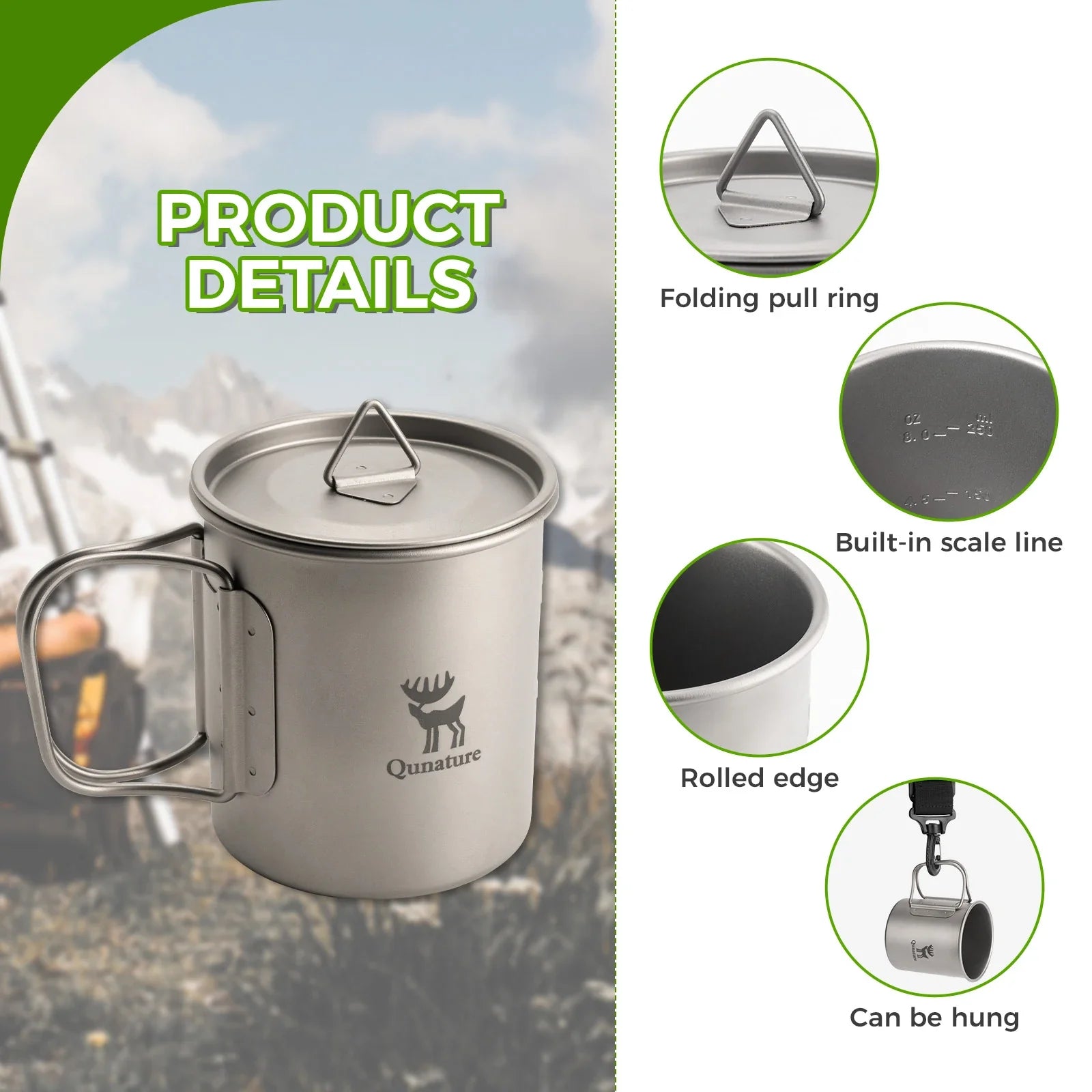 Pure Titanium Folding Mug Lightweight Durable with Lid for Outdoor Camping